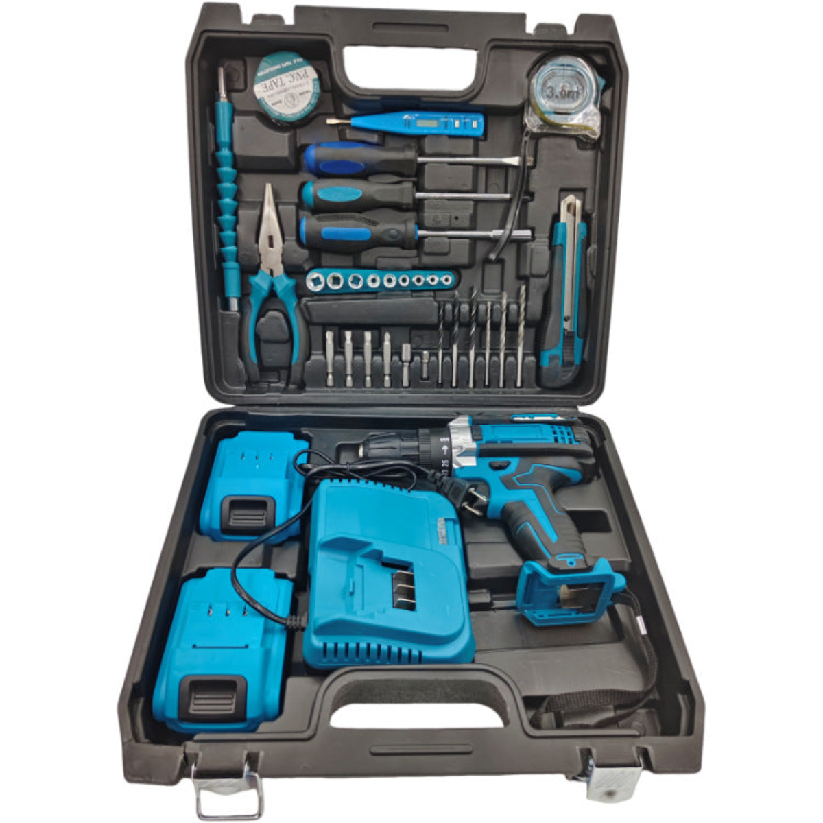 Set Bormaşină cu Acumulator în Valiză – 2 Baterii Li-Ion 48V + 30 Accesorii (Burghie, Biți, Chei) Albastru Imagine principală a produsului