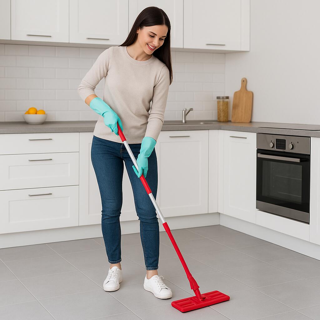 Mop telescopic Ertone MN498RS, rosu, cu autostoarcere, cap din microfibra, maner extensibil