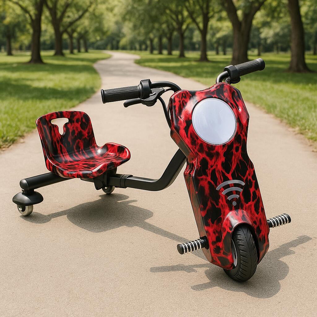 Tricicleta electrica drift pentru copii HAUSBERG HB-KD04RS,*Putere: motor 150-200W Bluetooth,  3 niveluri viteza, suspensie spate, autonomie 8-12 km, tip de incarcare 3h, accesorii