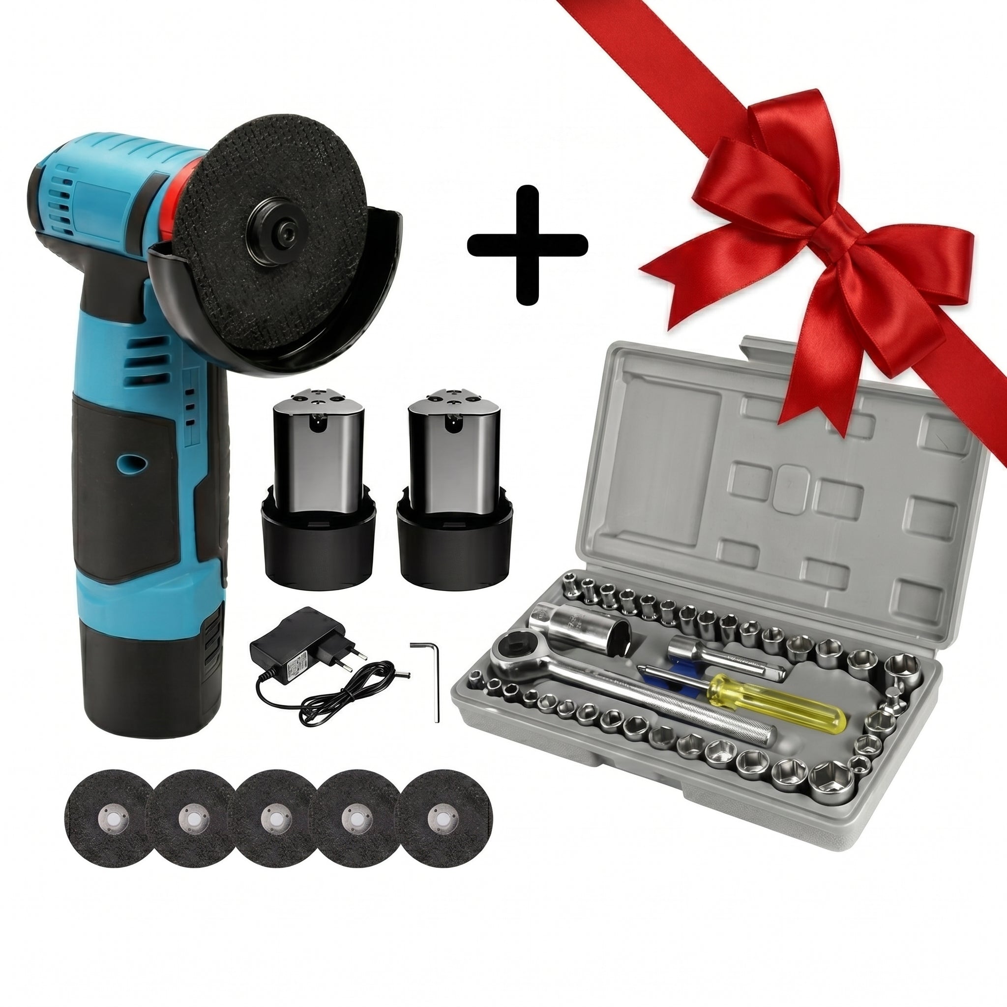 Mini Flex Polizor cu Acumulator 48V 2Ah,2 Baterii, 5 Discuri Incluse + CADOU Trusă Chei Tubulare 40 Piese Imagine principală a produsului
