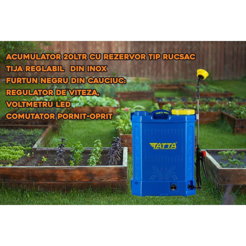 Pompa pentru stropit (vermorel) Tatta TP-2022A, cu acumulator, 12V 8Ah, incarcator 1 A, motor 3.6 lpm, rezervor tip rucsac, 20 l