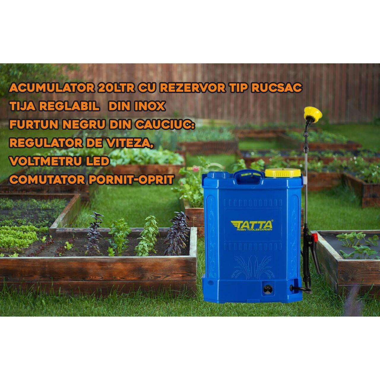 Pompa pentru stropit (vermorel) Tatta TP-2022A, cu acumulator, 12V 8Ah, incarcator 1 A, motor 3.6 lpm, rezervor tip rucsac, 20 l