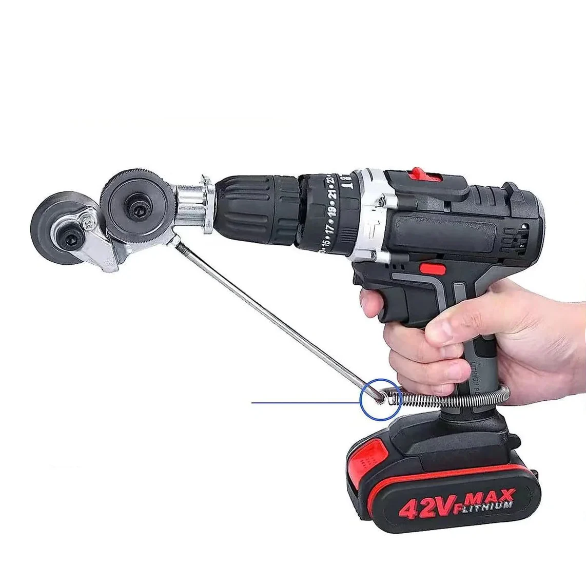Set Bormaşină cu Acumulator, 2 Baterii, 30 Accesorii (Burghie, Biți, Chei) + Adaptor Burghiu Tăiere Panouri Tablă Imagine secundară a produsului