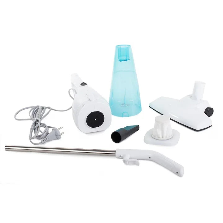 Aspirator 2 in 1, portabil, putere 600W, cu accesorii, filtru, control pe maner, indicator recipient colector plin, compartiment scame detasabil, alb