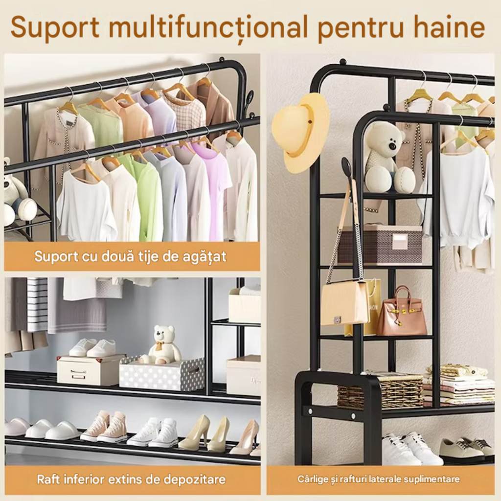 Suport Haine Metalic cu Roți – Organizator Multifuncțional cu 5 Rafturi, 160x110x56.5 cm