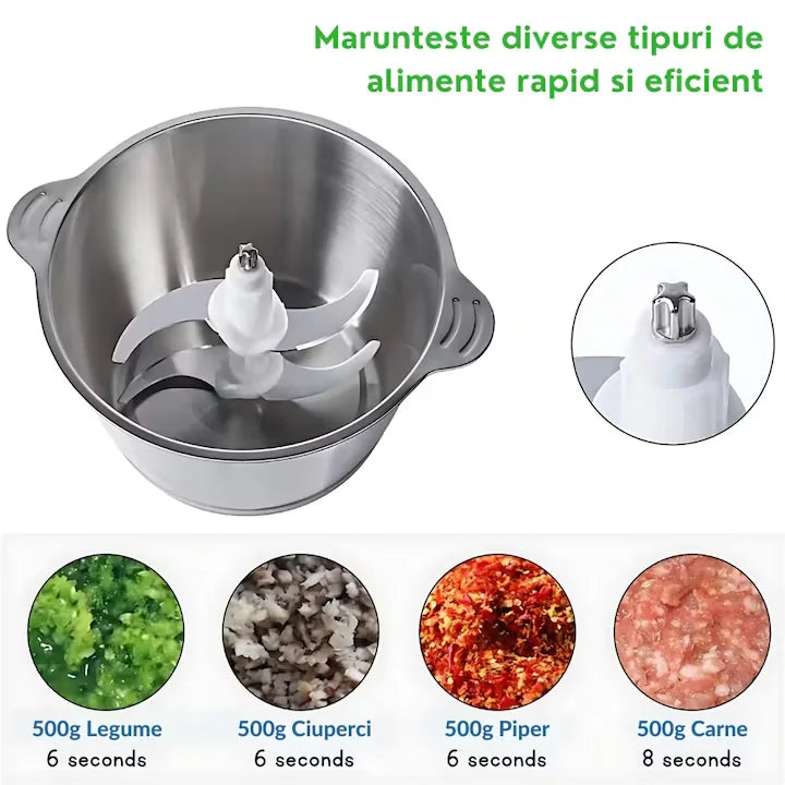 Tocator Electric AriDam Profesional, Bol Inox 3L, 4 Lame Otel, Design Compact Negru/Argintiu