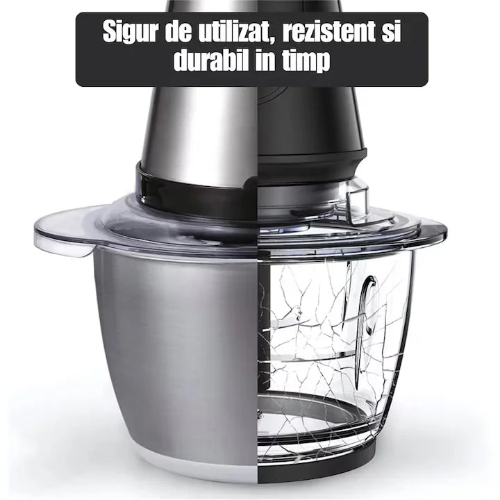 Tocator Electric AriDam Profesional, Bol Inox 3L, 4 Lame Otel, Design Compact Negru/Argintiu