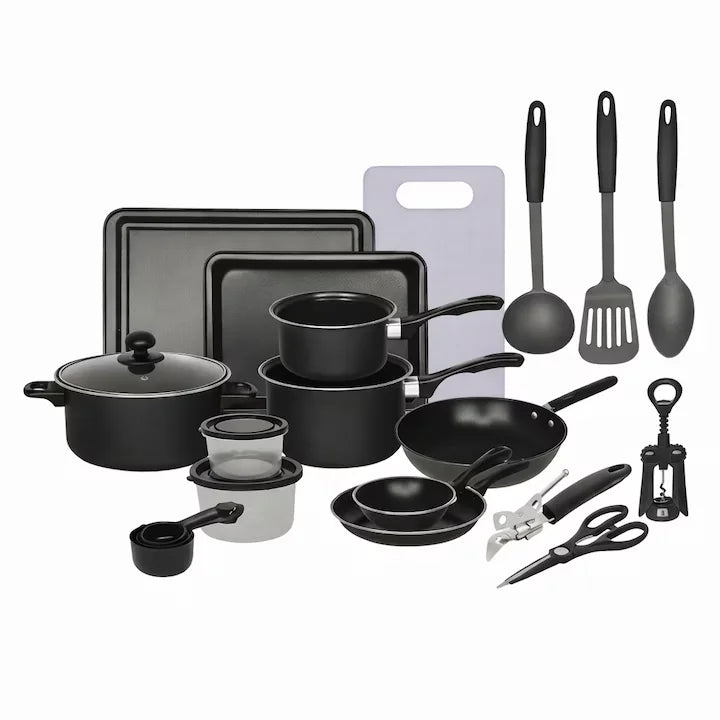 Set Bucatarie Complet, 22 Piese cu Oale, Tigai, Wok, Tavi si Accesorii pentru Gatit, Negru Imagine principală a produsului