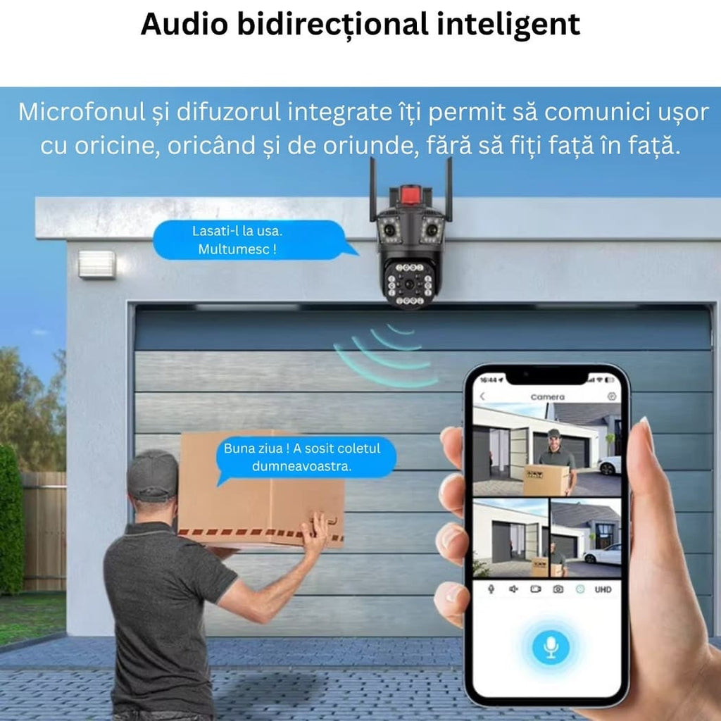 Camera Supraveghere WiFi Tripla cu 2 Alarme, PTZ Ultra HD – IP66, Vedere Nocturnă