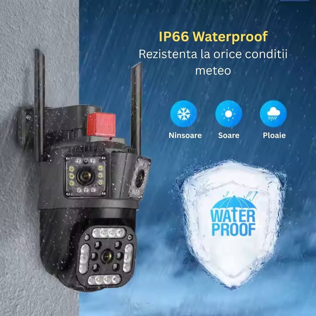 Camera Supraveghere WiFi Tripla cu 2 Alarme, PTZ Ultra HD – IP66, Vedere Nocturnă