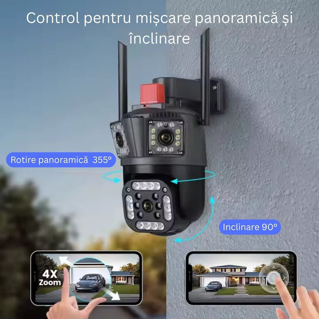 Camera Supraveghere WiFi Tripla cu 2 Alarme, PTZ Ultra HD – IP66, Vedere Nocturnă