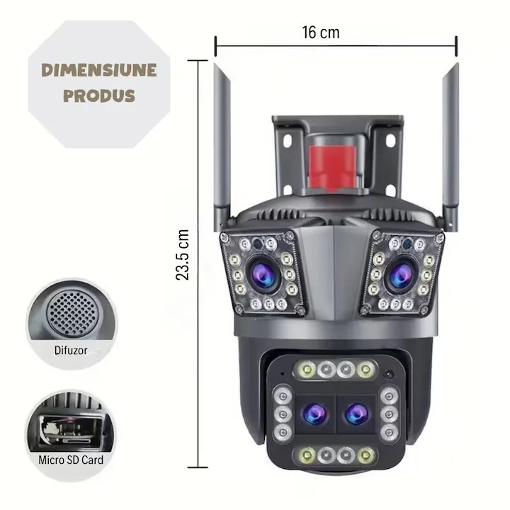 Camera de supraveghere tripla WIFI, ultra  HD 5X zoom, rotire, leduri