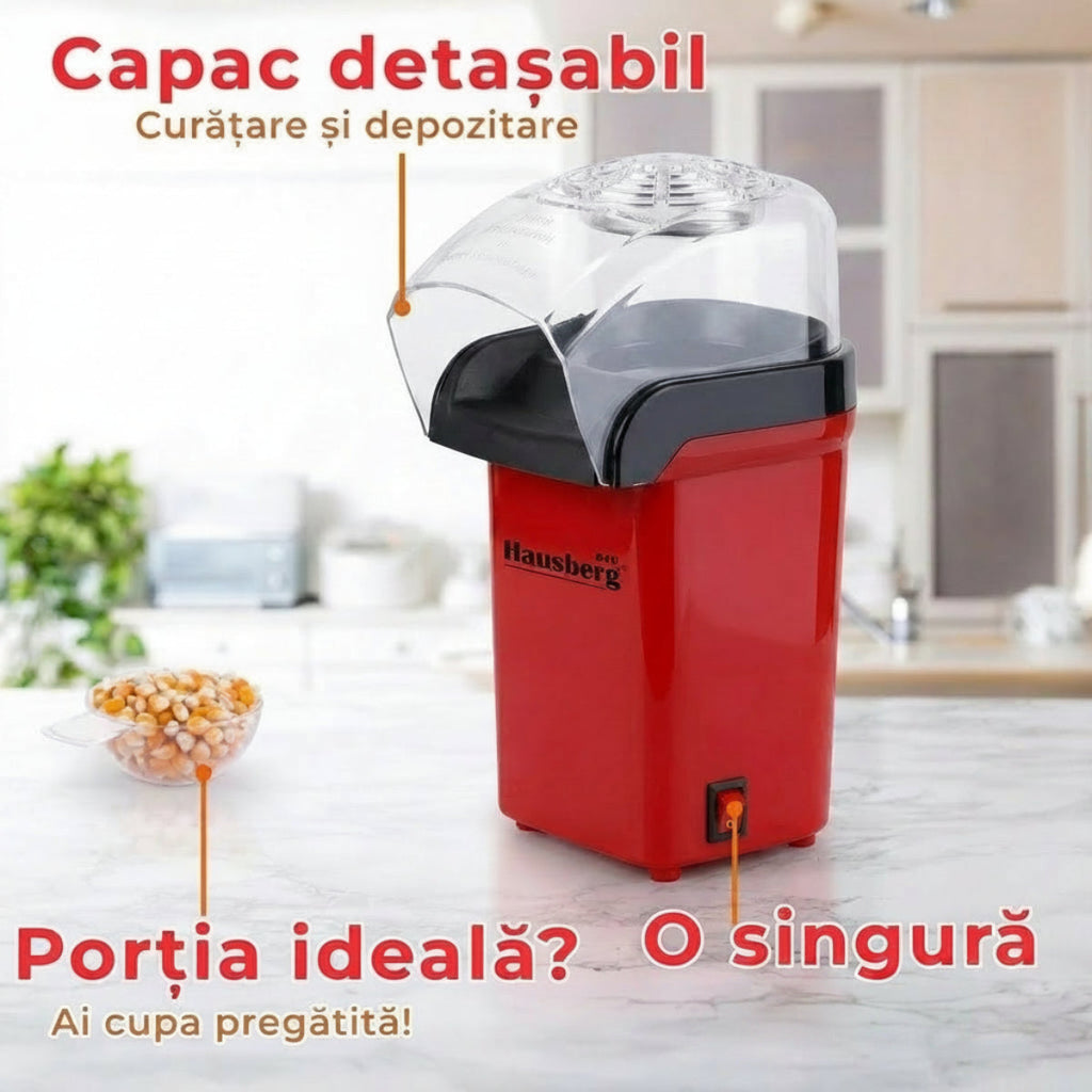 Aparat Popcorn, Hausberg HB910RS 1000 w, jet aer cald, premium, rosu