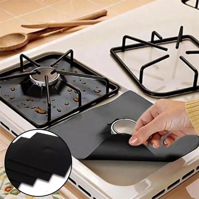 Set 4 folii de protectie pentru aragaz, teflon reutilizabil si lavabil, 27x27 cm, negru