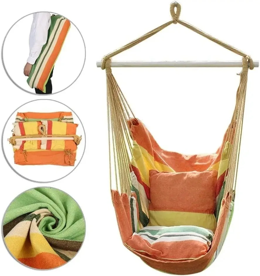 Hamac tip scaun suspendat din bumbac, cu 2 perne, 150kg, multicolor