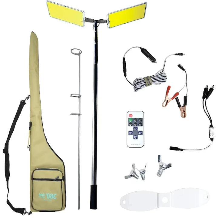 Kit Nocturna eLIVE FR-12, Proiector Camping LED 94W 9116lm, Waterproof, Brat Telescopic Ajutabil 5m, 3 Adaptoare 220V-AUTO-Cleme Crocodil Baterie, Telecomanda, Geanta Transport Imagine principală a produsului