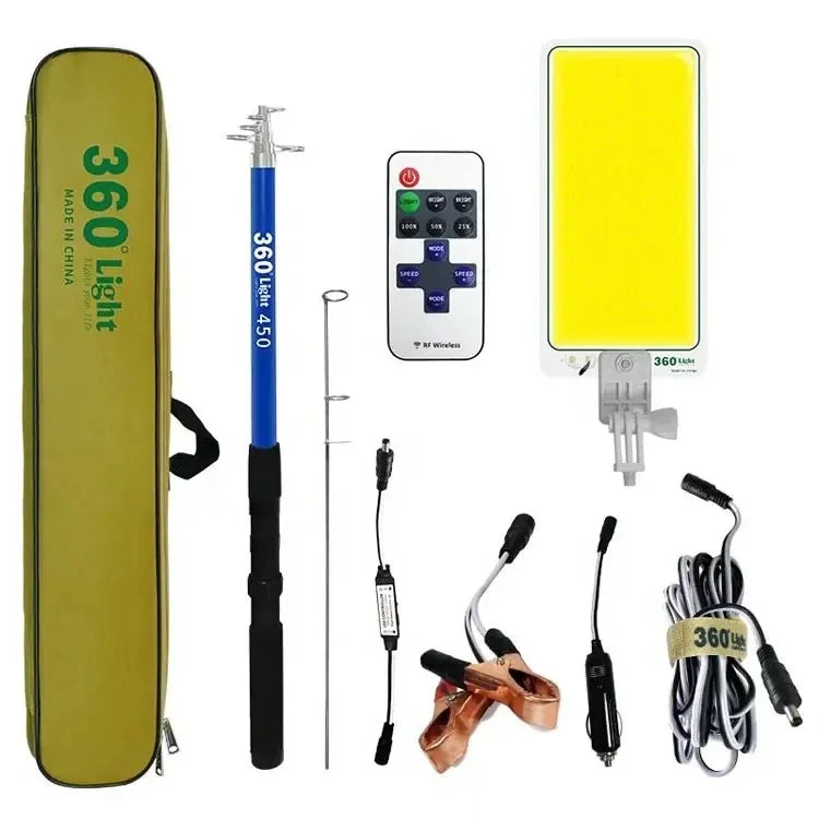 Kit Nocturna eLIVE FR-04, Proiector Camping LED 47W 4558lm, Waterproof, Brat Telescopic Ajustabil 4,5m, 3 Adaptoare 220V-AUTO-Cleme Crocodil Baterie, Telecomanda, Geanta Transport Imagine principală a produsului