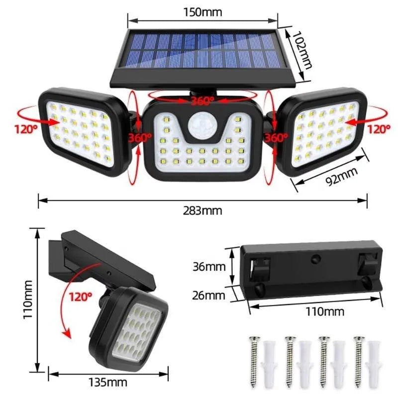 Lampa solara 74 leduri, montare pe perete, incarcare solara, senzor miscare