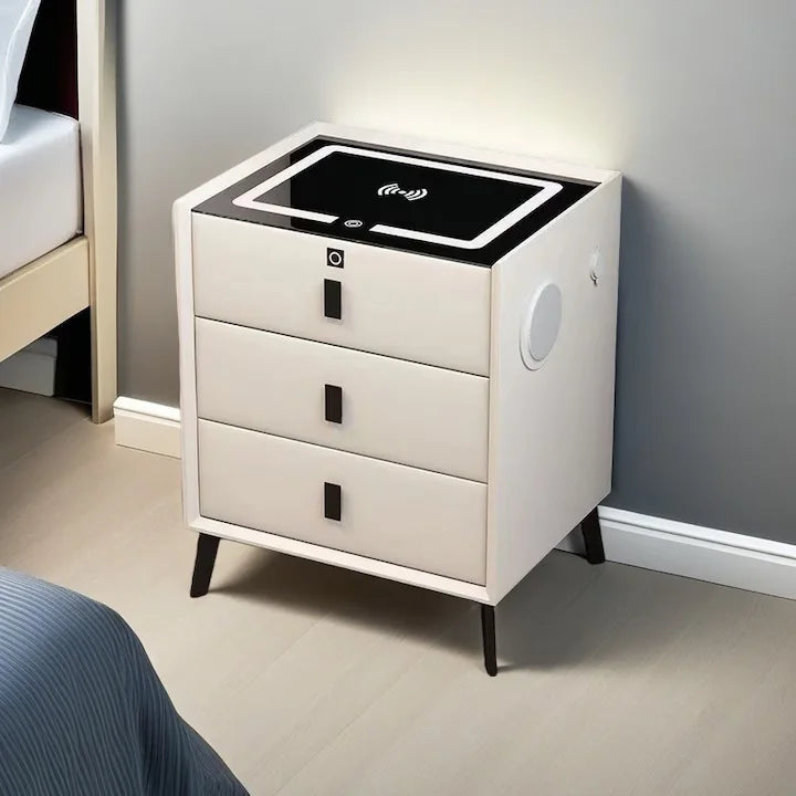 Noptiera smart multifunctionala, cu 3 sertare, iluminare LED tactil, 3 culori, incarcare wirelessUSB, difuzor bluetooth si AMPRENTA dim 50x40x59