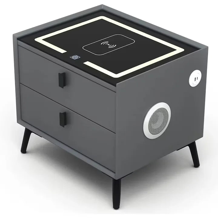 Noptiera smart multifunctionala, 2 sertare, iluminare LED tactil, 3 culori, incarcare wireless USB, difuzor bluetooth dim 50x40x46, CU AMPRENTA