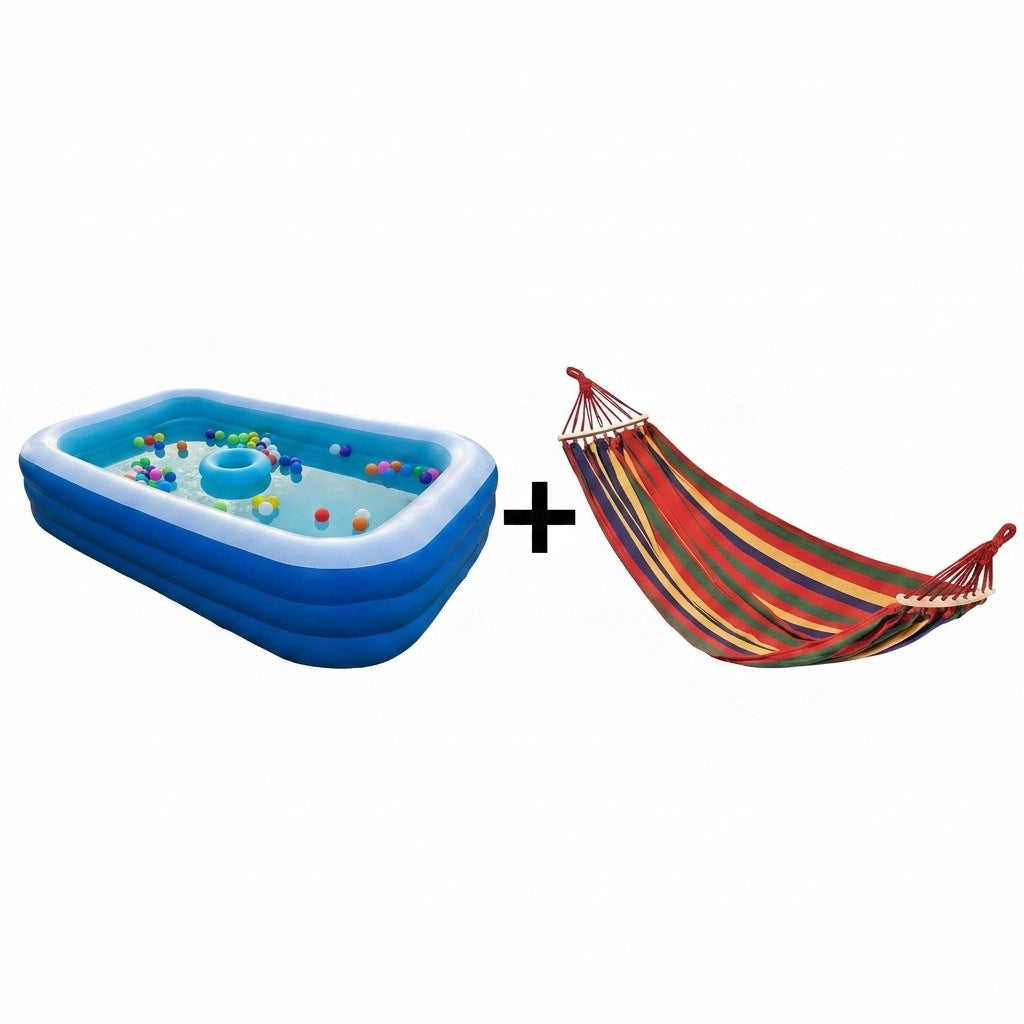 Piscină Gonflabilă 200x120x40 cm + Hamac Bumbac Natural – Set Relaxare Vară