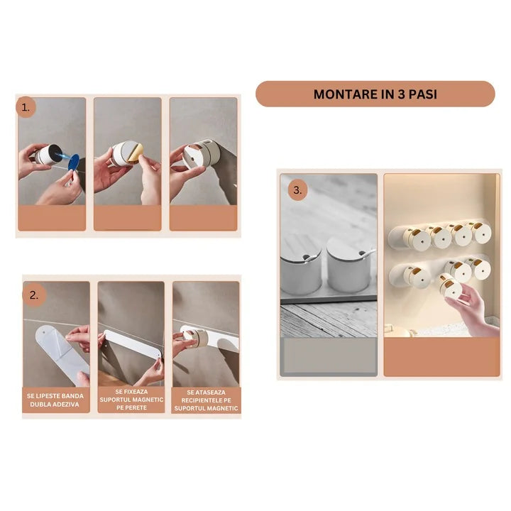 Set de recipiente pentru condimente, 6 bucati, suport metalic, prindere magnetica, practice, aspect premium, design minimalist