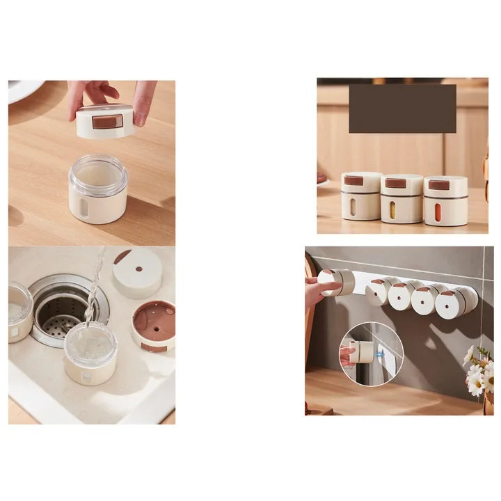 Set de recipiente pentru condimente, 6 bucati, suport metalic, prindere magnetica, practice, aspect premium, design minimalist