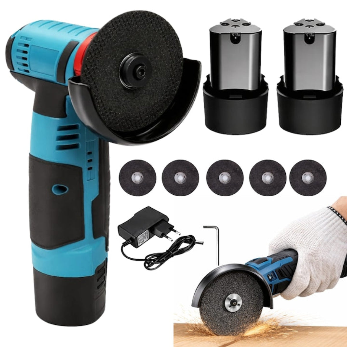 Mini Polizor cu Acumulator 48V 2Ah – 2 Baterii + 5 Discuri Incluse Imagine principală a produsului