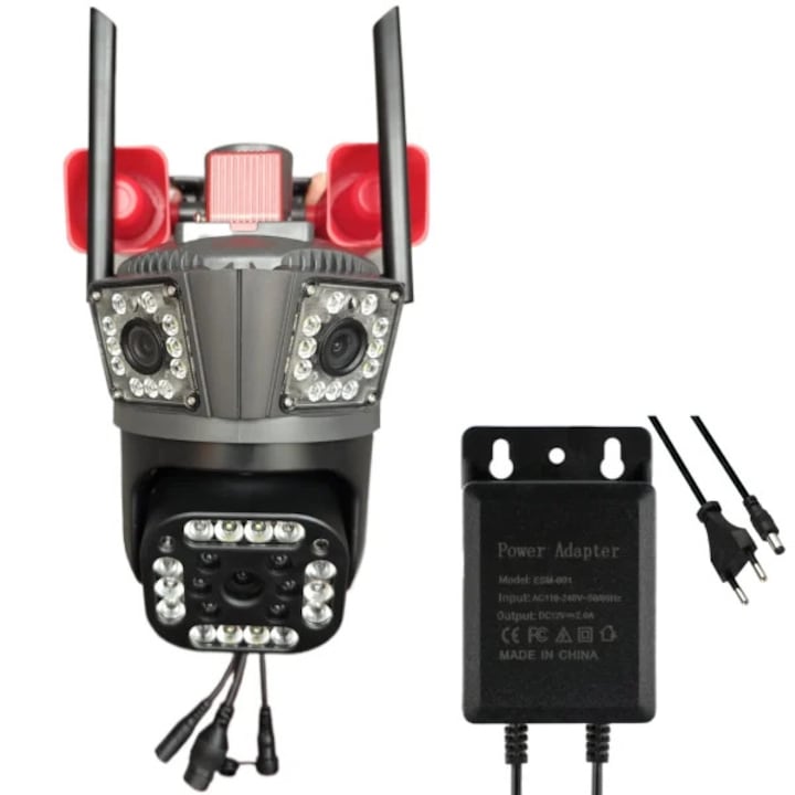 Cameră Supraveghere Triplă WiFi/4G, 4K Ultra HD, PTZ 355°, Zoom 5X, Night Vision Color, Alarmă – Smart Universal
