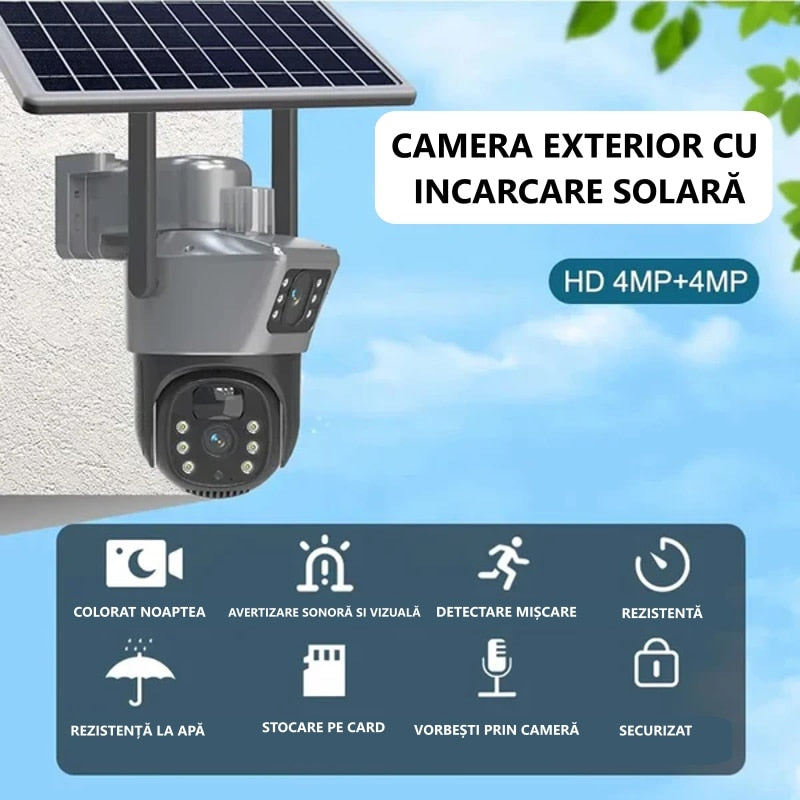 Cameră Supraveghere Solară 4G Dual Lens 4K 8MP – Baterie 12000mAh, Zoom 10x, Vedere Nocturnă