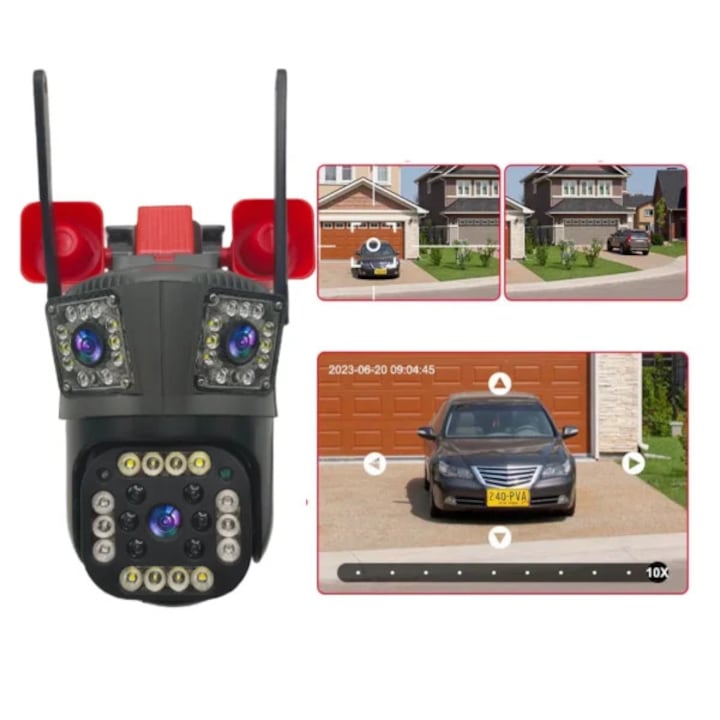 Cameră Supraveghere Triplă WiFi/4G, 4K Ultra HD, PTZ 355°, Zoom 5X, Night Vision Color, Alarmă – Smart Universal