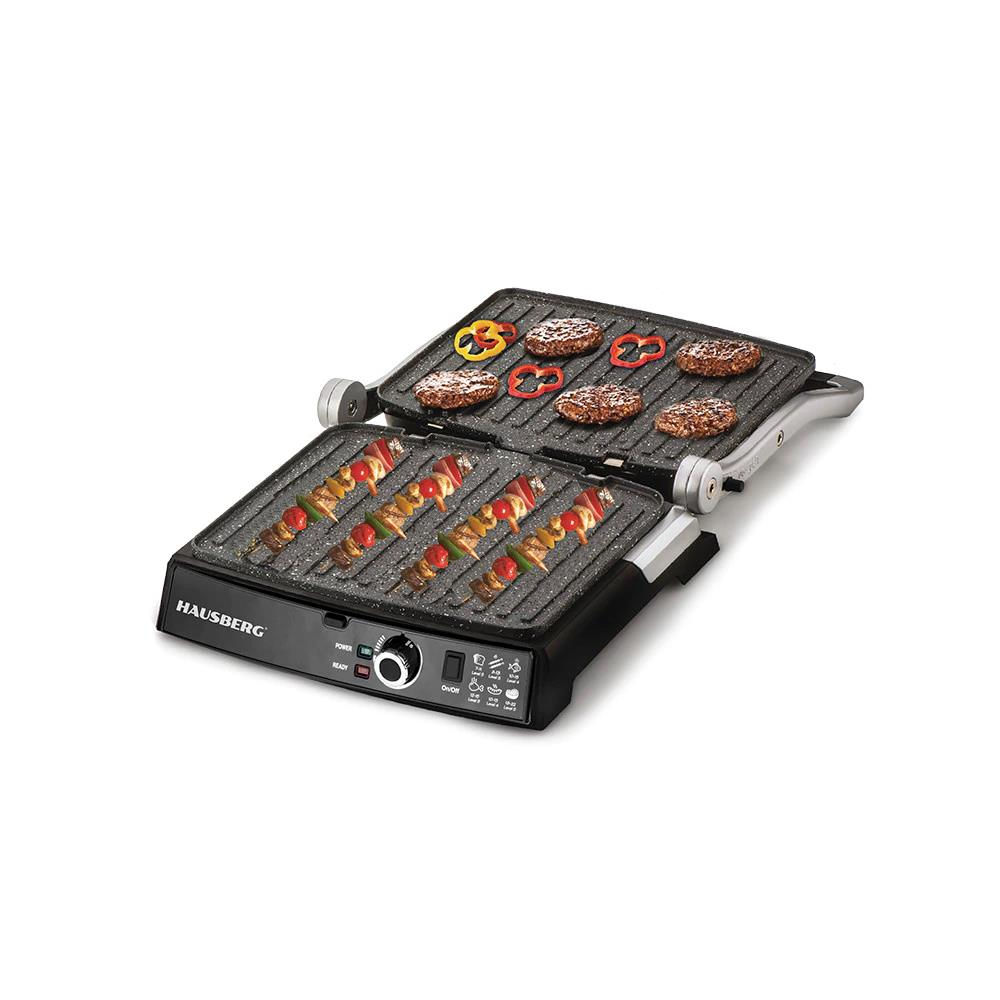 Grill electric Hausberg HB633RS, 2000-2200 W, placi antiaderente, suprafata de gatire 30x24.5 cm, termostat, Rosu