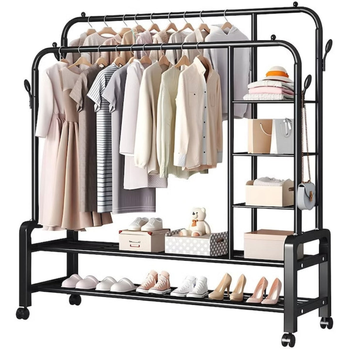 Suport Haine Metalic cu Roți – Organizator Multifuncțional cu 5 Rafturi, 160x110x56.5 cm Imagine principală a produsului