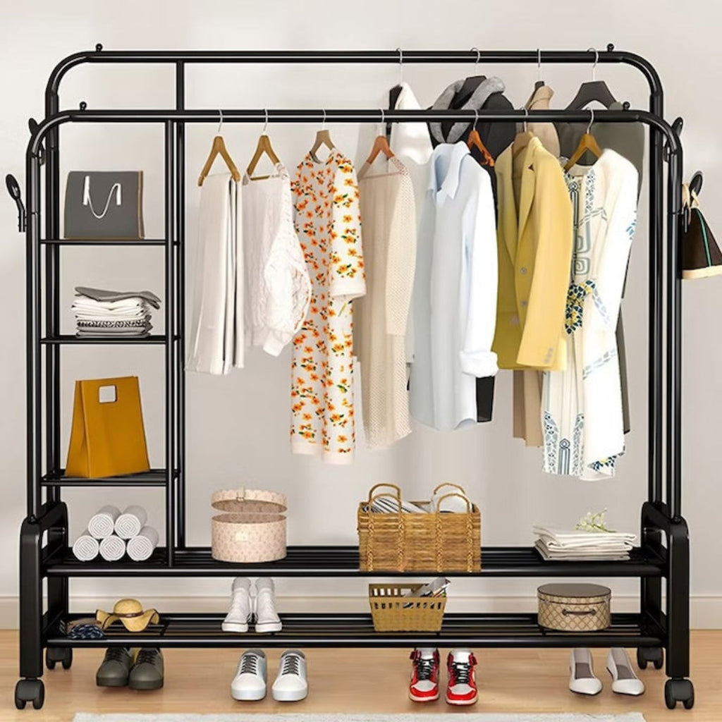 Suport Haine Metalic cu Roți – Organizator Multifuncțional cu 5 Rafturi, 160x110x56.5 cm