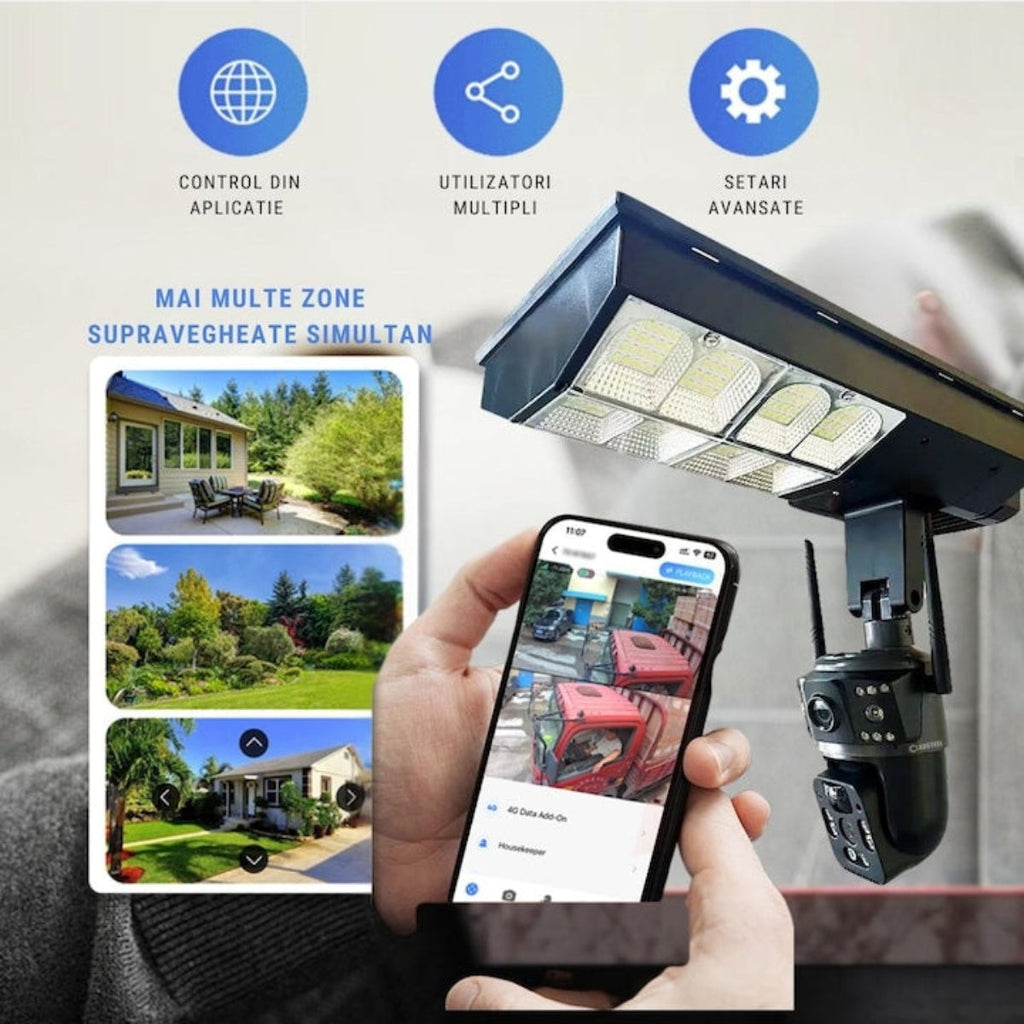Cameră Supraveghere Solară 4G SIM 4MP | PTZ 355°, Panou Solar 24W, Baterie 18000mAh