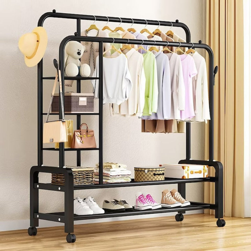 Suport Haine Metalic cu Roți – Organizator Multifuncțional cu 5 Rafturi, 160x110x56.5 cm