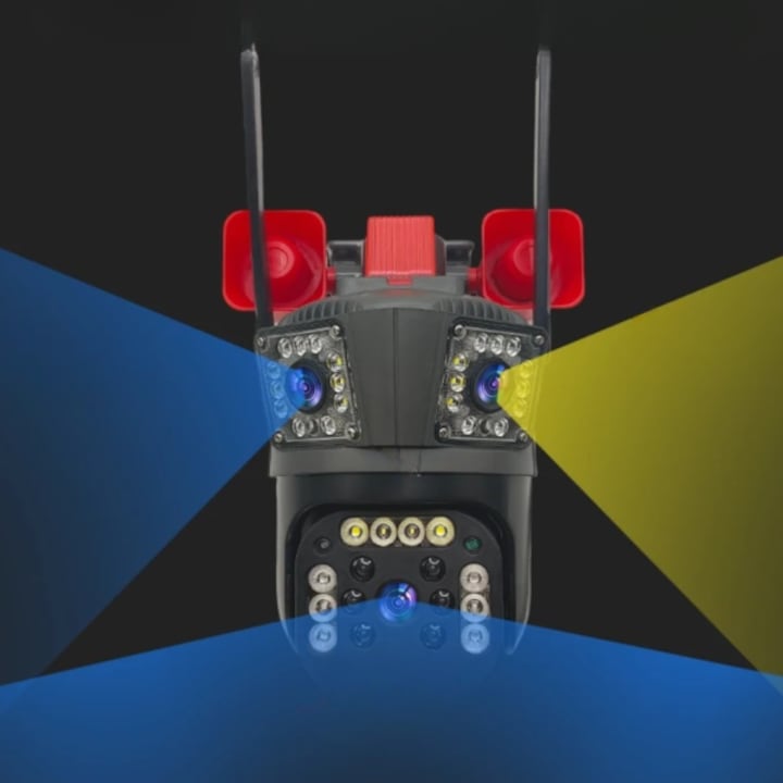 Cameră Supraveghere Triplă WiFi/4G, 4K Ultra HD, PTZ 355°, Zoom 5X, Night Vision Color, Alarmă – Smart Universal