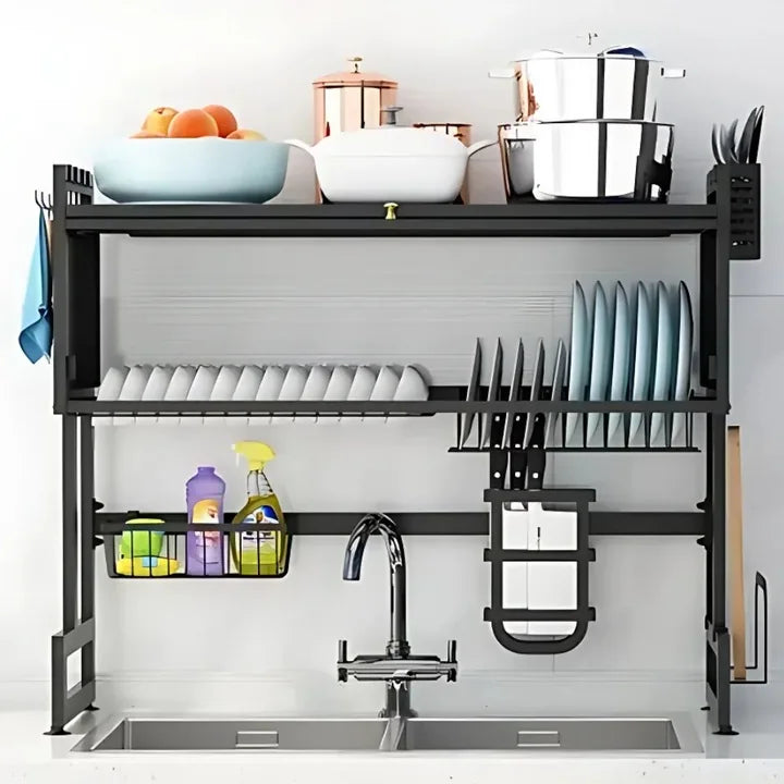 Scurgator organizator vase otel inoxidabil, 75 cm lungime, design spatios, practic, uscarea rapida si eficienta a vaselor, rezistent la rugina, coroziune, negru