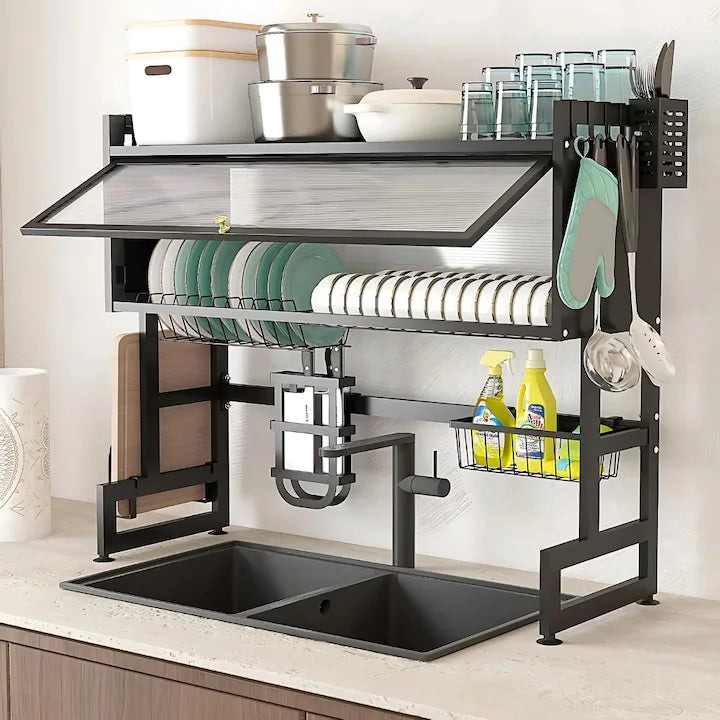 Scurgator organizator vase otel inoxidabil, 75 cm lungime, design spatios, practic, uscarea rapida si eficienta a vaselor, rezistent la rugina, coroziune, negru
