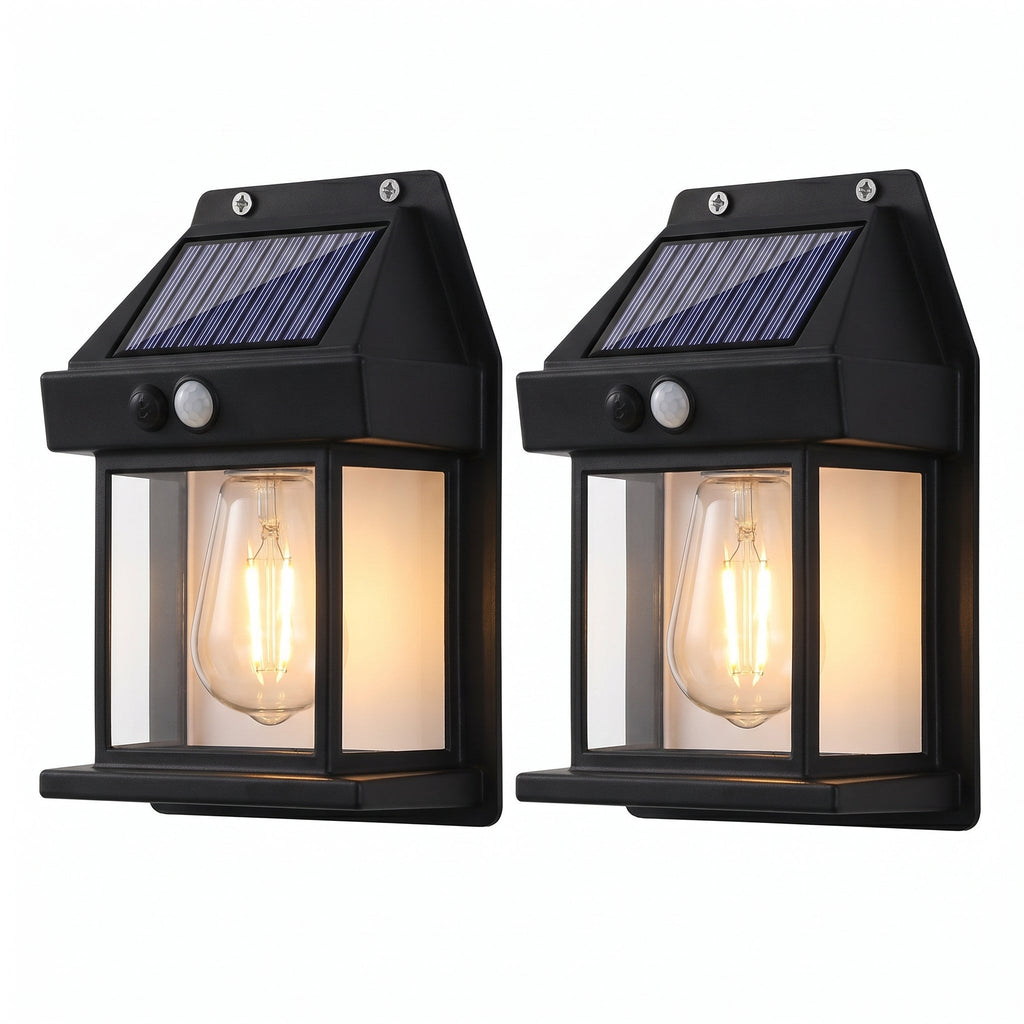 Set 2 Lămpi Solare de Perete tip Felinar cu Senzor de Mișcare | 3 Moduri de Lumină, Acumulator 1200mAh