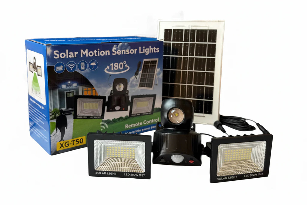 XG-T50 Proiector solar LED dublu impermeabil 200W cu senzor de miscare si telecomanda, IP67